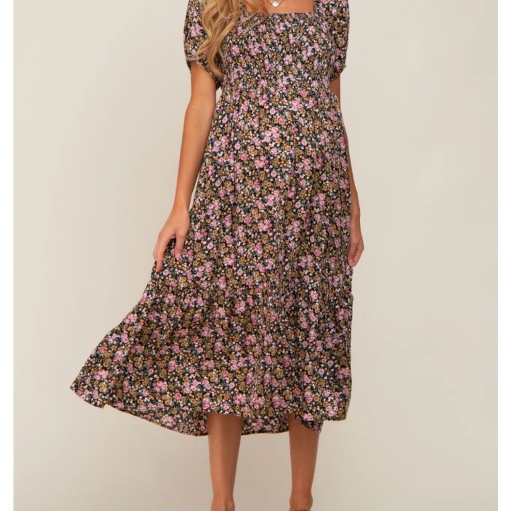 PinkBlush Floral Smocked Puff Sleeve Maternity Midi Dress NWOT